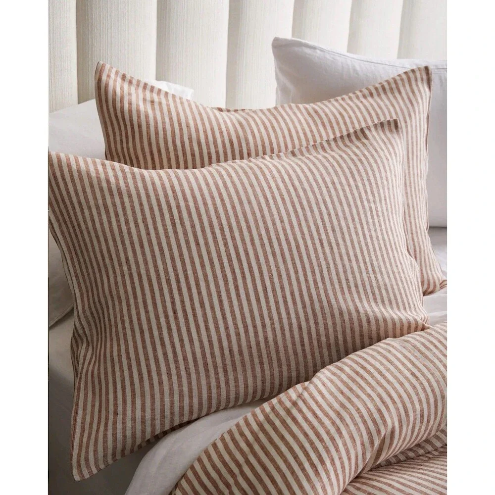 Quince European Linen Sham Set Standard Terracotta White Stripe NEW